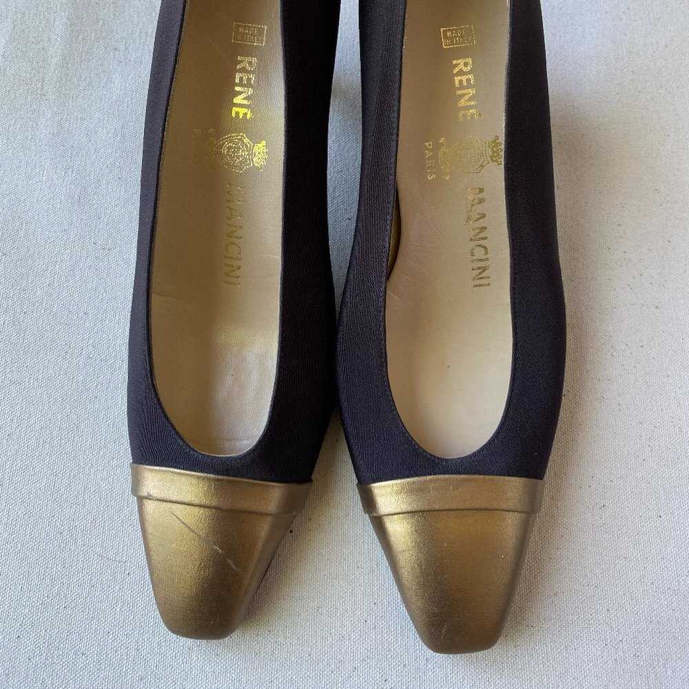 Rene Mancini Vintage Brown Peau de Soie Heels with Bronze Contrast Toe, Size 37